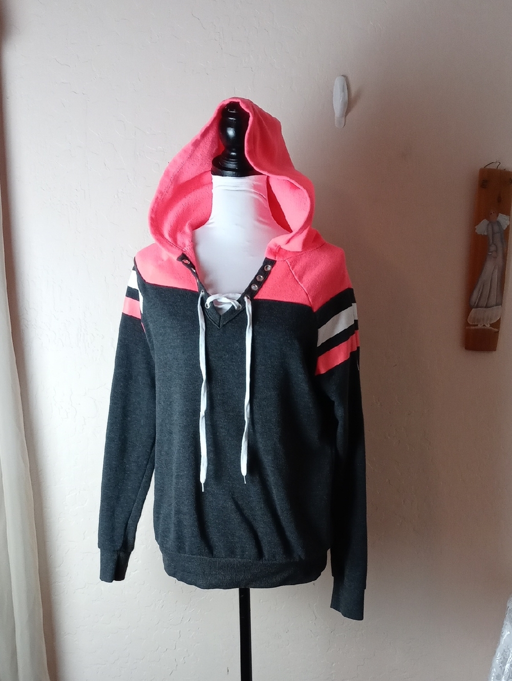 Bobbie Brooks Charcoal & Coral Hooded Lace-Up Crewneck Sweater